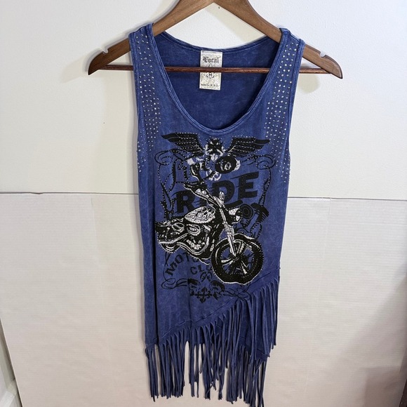 Vocal Blue Studded Fringe Tank Dress Live to Ride Motorcycle Graphic Size L USA - Picture 5 of 12